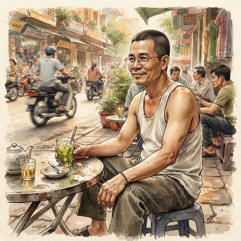 Bác Tư Trà ngồi bên chiếc bàn trà đá giữa một góc phố vỉa hè, chờ mời người tri kỷ vào ngồi cùng